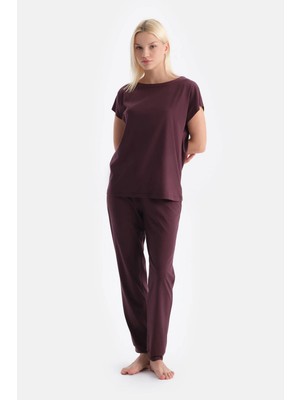 Dagi Plum Boat Neck T-Shirt And Pants Set