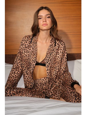 Dagi Dark Brown Leopard Print Shirt And Pants Set