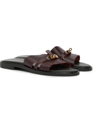 Divarese Dıvarese Burgundy Buckle Detail Women's Leather Slides