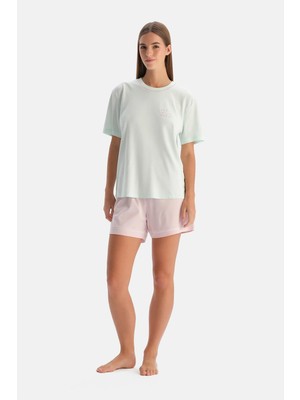 Dagi Aqua Green Short Sleeve Print Detail T-Shirt And Shorts Set