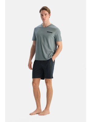 Dagi Grey Blue V-Neck T-Shirt And Shorts Set