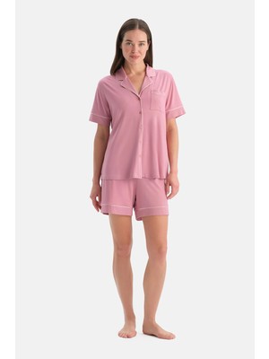 Dagi Pink Piped Cotton Modal Shirt And Shorts Set