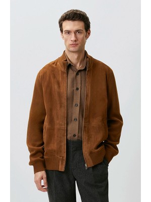 Network Tan Knit Sleeve Detail Suede Leather Jacket
