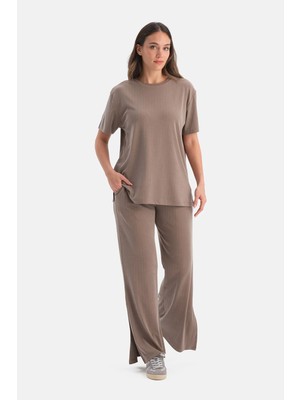 Dagi Latte Wide-Leg Rib Modal Pants