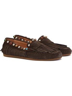Divarese Dıvarese Dark Brown Stone Embellished Tasseled Women's Suede Loafer