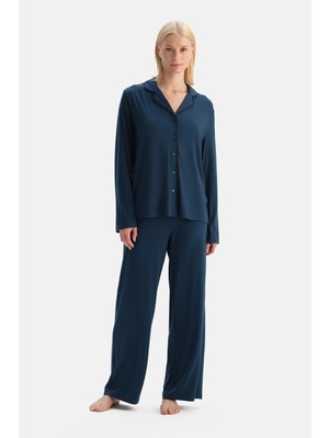 Dagi Navy Lace Shirt And Pants Set