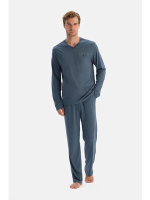 Dagi Indigo Long Sleeve V-Neck T-Shirt And Pants Set