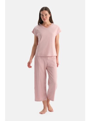 Dagi Dusty Rose V-Neck Short Sleeve T-Shirt And Pants Set