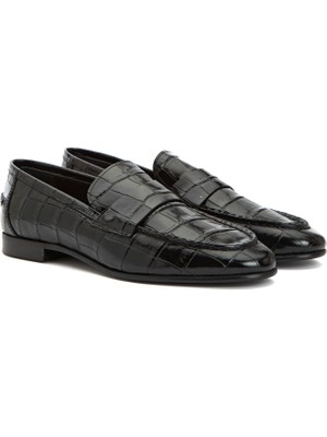 George Hogg Black Croc Pattern Women's Leather Loafers