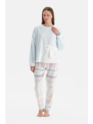 Dagi Light Blue Bunny Print T-Shirt And Pants Pajama Set