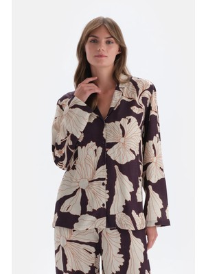 Dagi Purple Floral Print Detail Satin Shirt Pajama Top