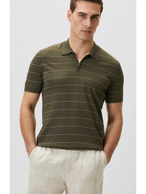Network Khaki Zippered Polo Neck Striped Short Sleeve Sweater