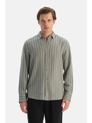 Dagi Light Green Striped Long Sleeve Linen Lyocell Blend Shirt