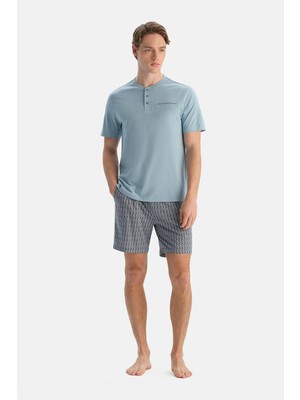 Dagi Light Blue Short Sleeve Half Placket T-Shirt And Shorts Set