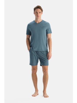 Dagi Blue V-Neck Short Sleeve T-Shirt And Shorts Set