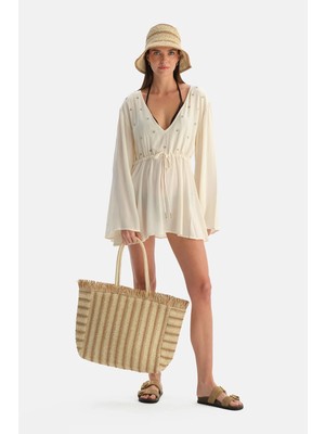 Dagi Beige-Ecru Women's Striped Tassel Detail Straw Bag