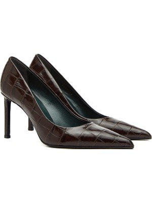 George Hogg Women's Brown Croc-Pattern Leather Heeled Shoes