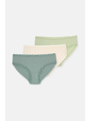 Dagi Green-Ecru Lace Trim Waist And Leg Plain Hipster Panties 3-Pack
