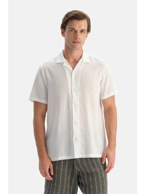 Dagi White Short Sleeve Linen Lyocell Blend Shirt
