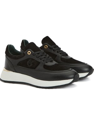 George Hogg Black Embroidery Detail Women's Leather Sneakers