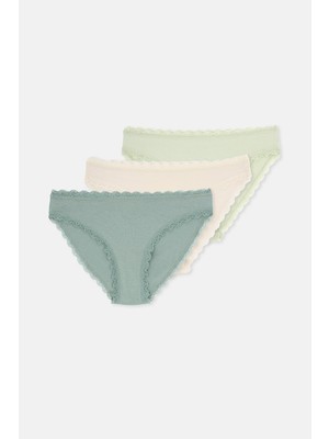 Dagi Green-Ecru Lace Trim Waist And Leg Plain Brief Panties 3-Pack