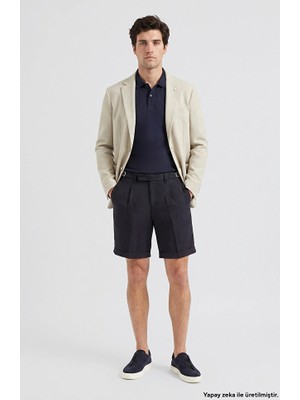 Network Navy Linen Blend Buckled Waist Shorts