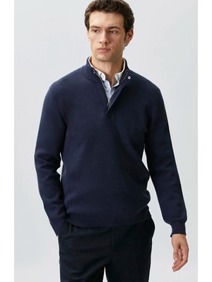 Network Navy Stand Collar Zippered Knit Sweater