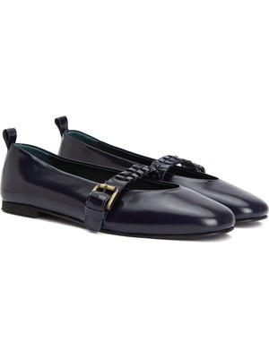 George Hogg Navy Buckle-Detail Leather Ballet Flats