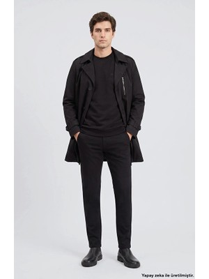 Network Slim Fit Black Single-Breasted Belted Trench Coat