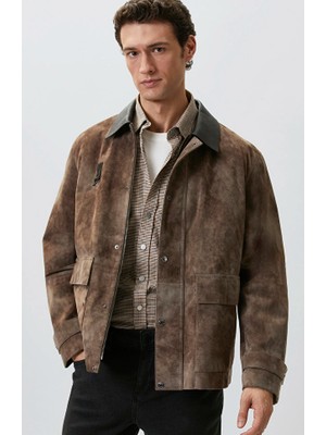 Network Limited Taupe Batik Patterned Leather Jacket