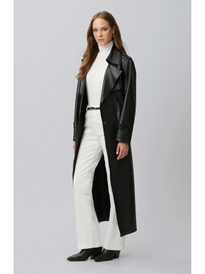 Network Black Double-Breasted Leather Trench Coat
