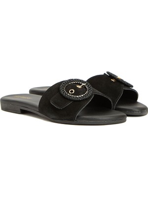 Divarese Dıvarese Black Straw Buckle Detail Suede Women's Slides
