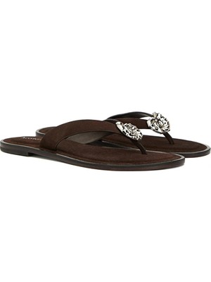 Network Dark Brown Buckle Detail Women's Suede Slides