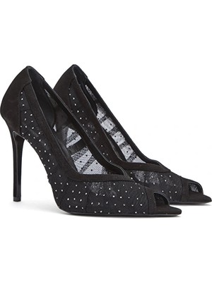 Network Black Mesh Fabric Detail Heeled Shoes
