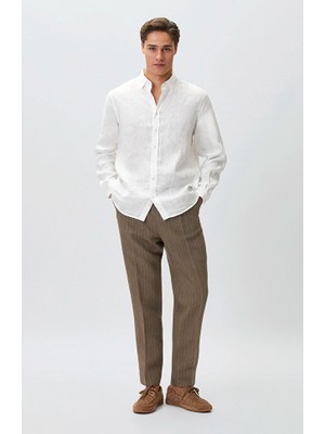 Network Brown Single Pleat Striped Linen Trousers