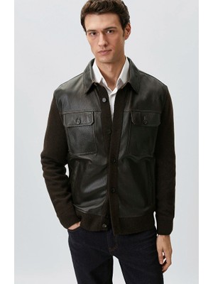 Network Brown Knit Sleeve Detail Leather Jacket