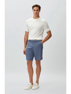 Network Indigo Buckle Waist Striped Linen Shorts
