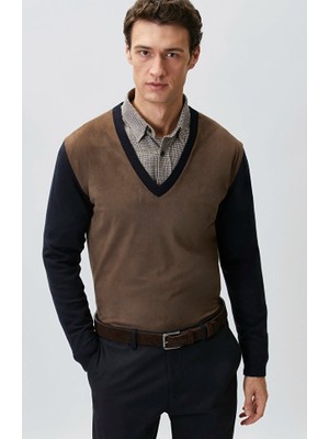 Network Limited Navy Suede Detail V-Neck Sweater