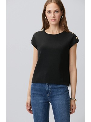 Network Limited Black Shoulder Snap Detail Knit Sweater
