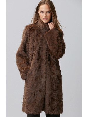 Network Beige High Neck Faux Fur Coat