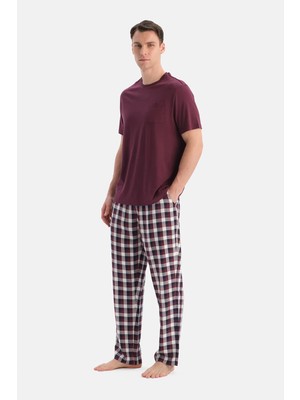 Dagi Burgundy Short Sleeve T-Shirt And Plaid Pants Pajama Set