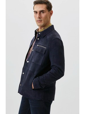 Network Navy Snap Button Suede Leather Jacket