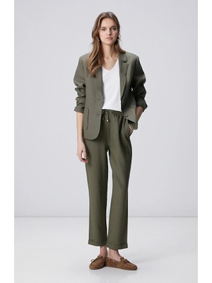 Network Khaki Pintuck Detail Linen Mix Trousers
