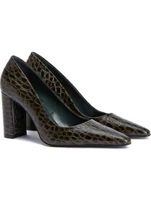 George Hogg Khaki Croc Detail Leather Stilettos