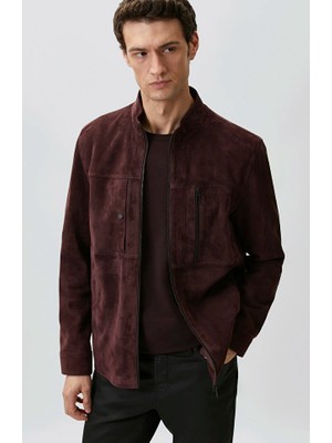 Network Burgundy Stand Collar Zippered Leather Jacket