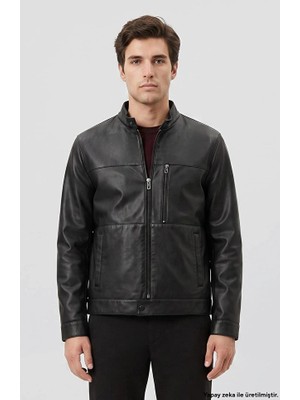 Network Black Chest Pocket Detail Leather Jacket