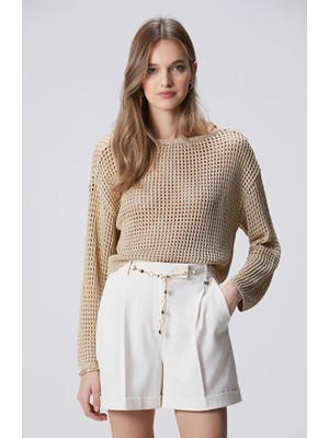 Network Beige Openwork Metallic Knit Sweater