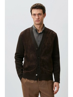 Network Limited Brown Knit Detail Leather Cardigan