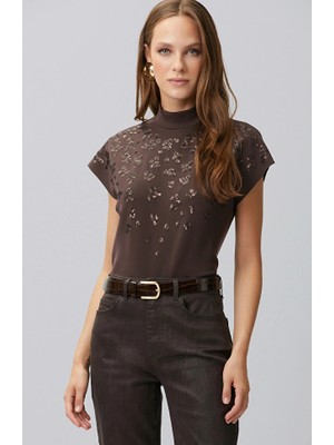 Network Dark Brown Sequin Embellished T-Shirt