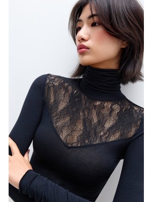Intimissimi Cashmere Blend Ultralight High Neck Top With Lace Detail